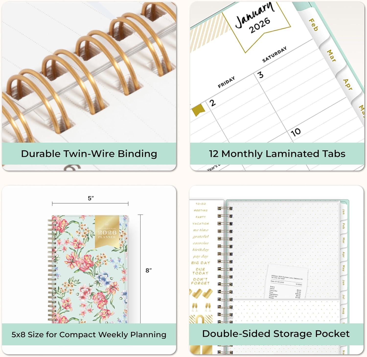 imageBlue Sky Day Designer 2026 Weekly and Monthly Planner Calendar January 2026 December 2026 85quot x 11quot Flexible Cover With Zip Pouch Durable Twin Wire Binding Storage Pocket Includes Stickers Tulip Garden MintTulip Garden Mint 2026