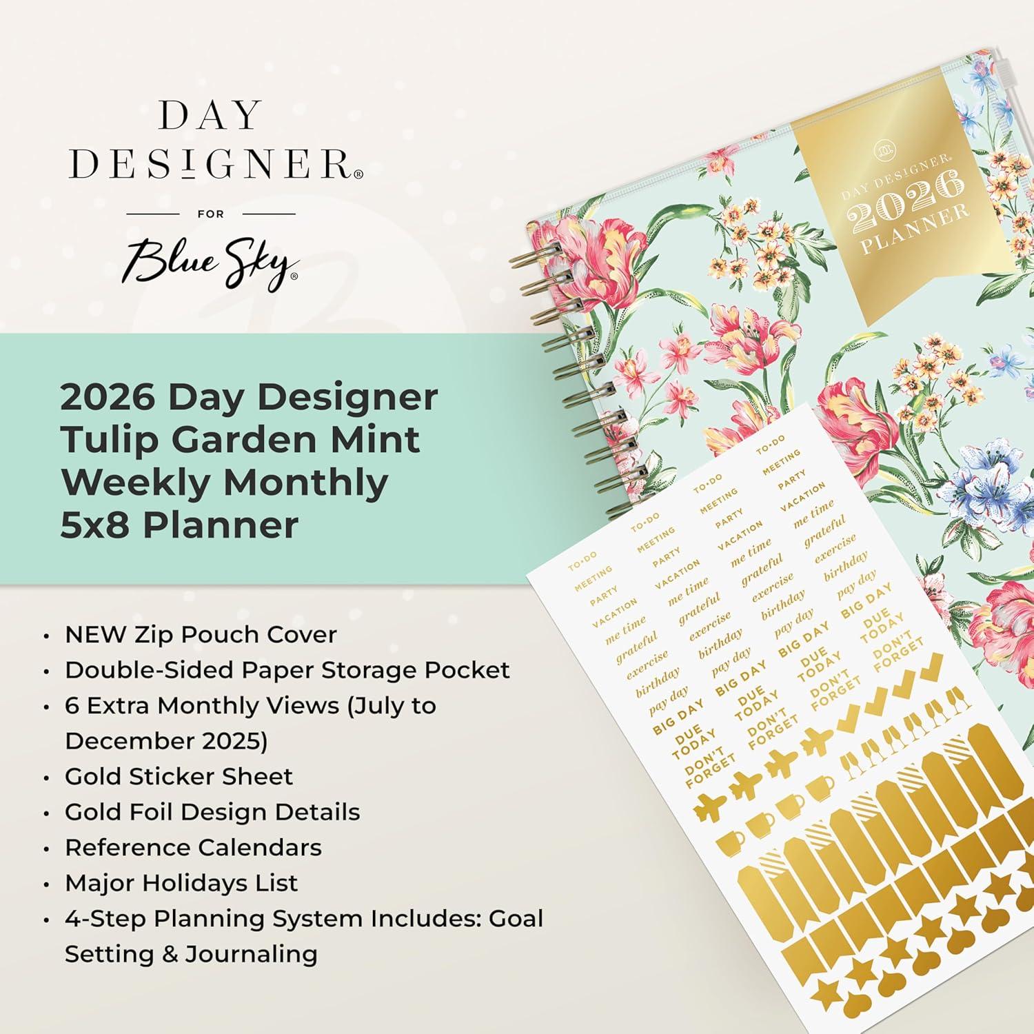 imageBlue Sky Day Designer 2026 Weekly and Monthly Planner Calendar January 2026 December 2026 85quot x 11quot Flexible Cover With Zip Pouch Durable Twin Wire Binding Storage Pocket Includes Stickers Tulip Garden MintTulip Garden Mint 2026