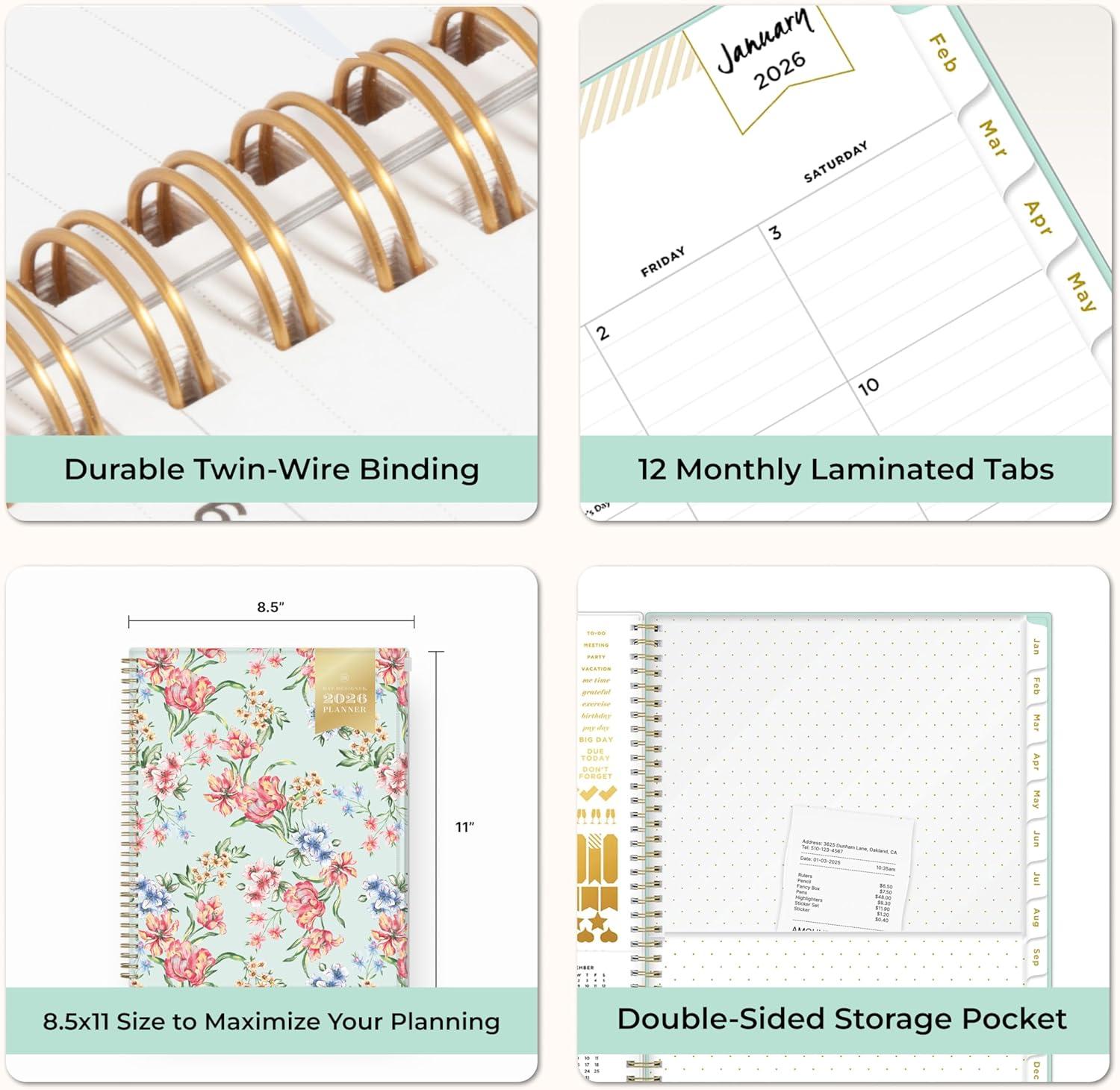 imageBlue Sky Day Designer 2026 Weekly and Monthly Planner Calendar January 2026 December 2026 85quot x 11quot Flexible Cover With Zip Pouch Durable Twin Wire Binding Storage Pocket Includes Stickers Tulip Garden MintTulip Garden Mint 2026