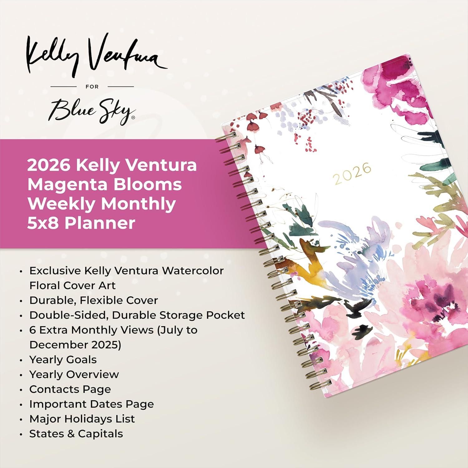 imageBlue Sky Kelly Ventura 2026 Weekly and Monthly Planner Calendar January 2026 December 2026 5quot x 8quot Flexible Cover Laminated Tabs Durable Twin Wire Binding Storage Pocket Magenta BloomsMagenta Blooms 2026