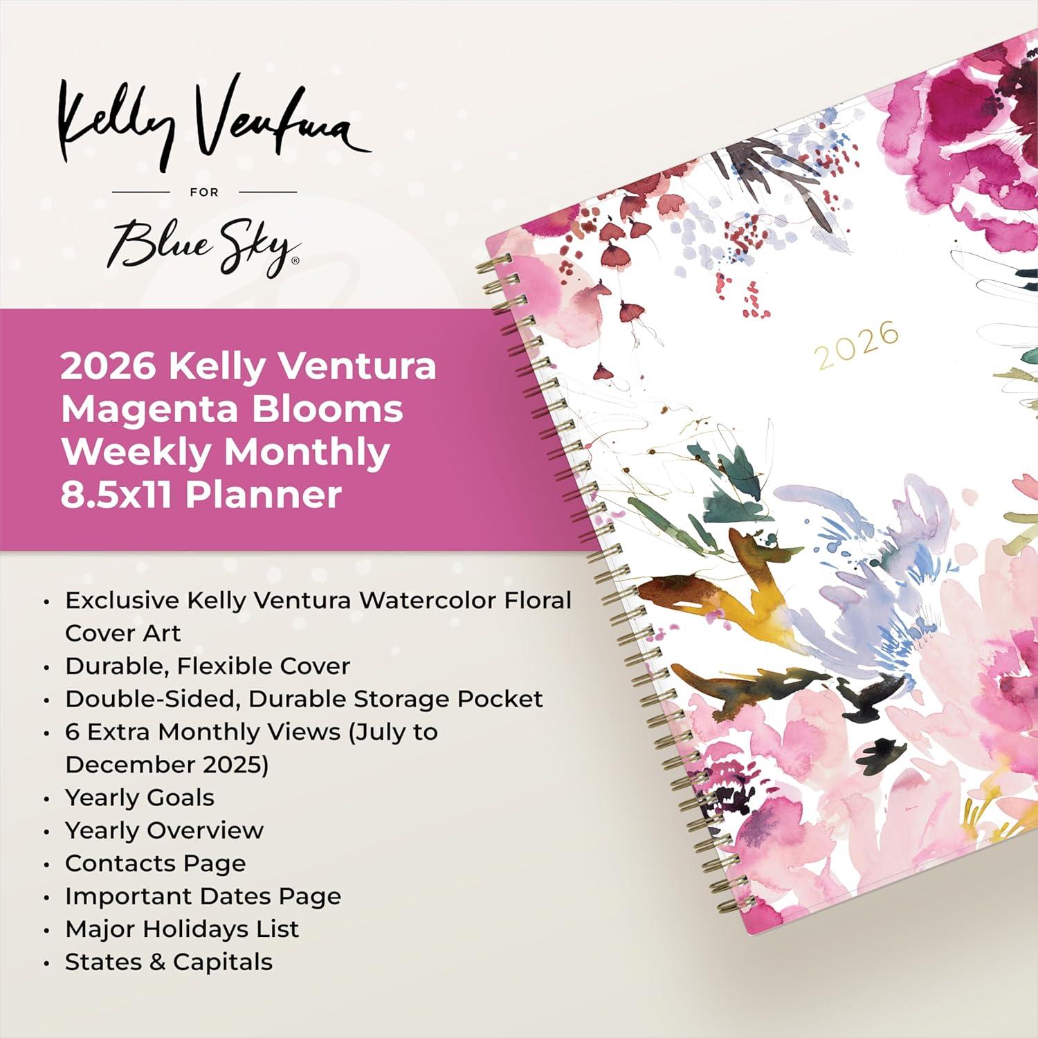 imageBlue Sky Kelly Ventura 2026 Weekly and Monthly Planner Calendar January 2026 December 2026 5quot x 8quot Flexible Cover Laminated Tabs Durable Twin Wire Binding Storage Pocket Magenta BloomsMagenta Blooms 2026