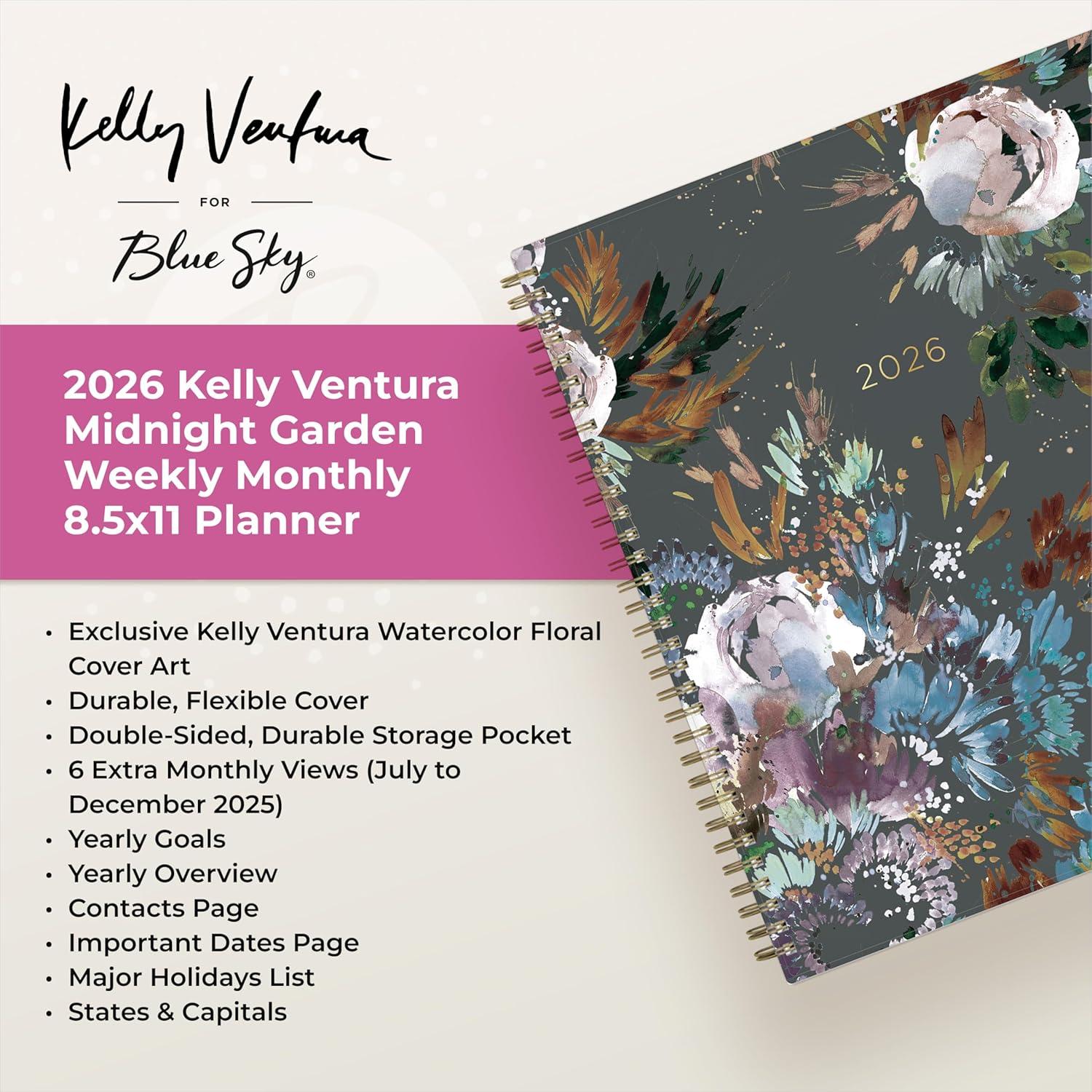 imageBlue Sky Kelly Ventura 2026 Weekly and Monthly Planner Calendar January 2026 December 2026 5quot x 8quot Flexible Cover Laminated Tabs Durable Twin Wire Binding Storage Pocket Midnight GardenMidnight Garden 2026