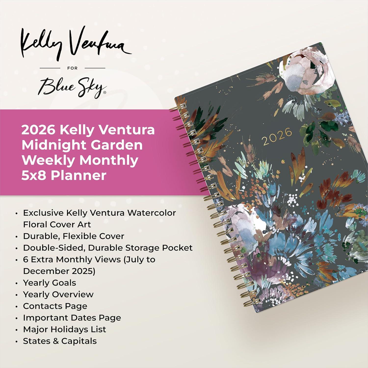 imageBlue Sky Kelly Ventura 2026 Weekly and Monthly Planner Calendar January 2026 December 2026 5quot x 8quot Flexible Cover Laminated Tabs Durable Twin Wire Binding Storage Pocket Midnight GardenMidnight Garden 2026
