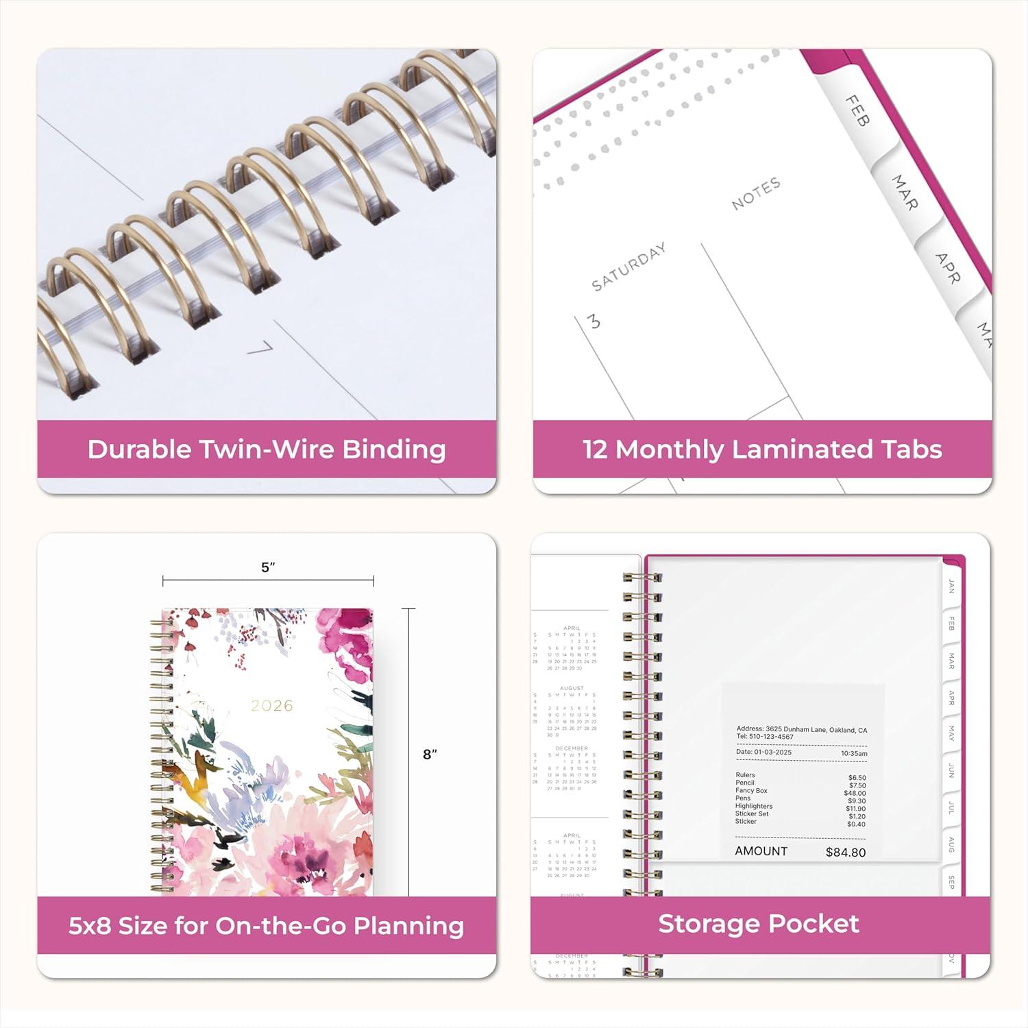 imageBlue Sky Kelly Ventura 2026 Weekly and Monthly Planner Calendar January 2026 December 2026 5quot x 8quot Flexible Cover Laminated Tabs Durable Twin Wire Binding Storage Pocket Magenta BloomsMagenta Blooms 2026