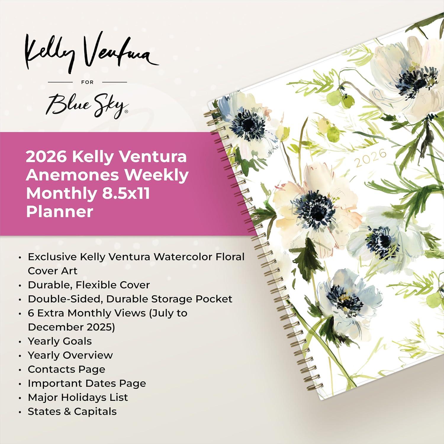 imageBlue Sky Kelly Ventura 2026 Weekly and Monthly Planner Calendar January 2026 December 2026 85quot x 11quot Flexible Cover Laminated Tabs Durable Twin Wire Binding Storage Pocket AnemonesAnemones 2026