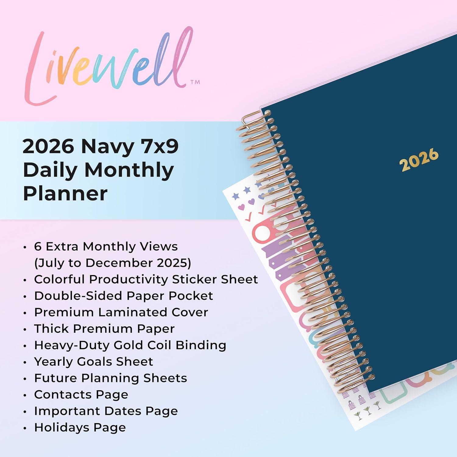 imageBlue Sky Livewell 2026 Daily and Monthly Planner Calendar January 2026 December 2026 7quot x 9quot Flexible Laminated Cover Heavy Duty Coil Binding Colorful Premium Paper Includes Storage Pocket Stickers WaimeaNavy 2026