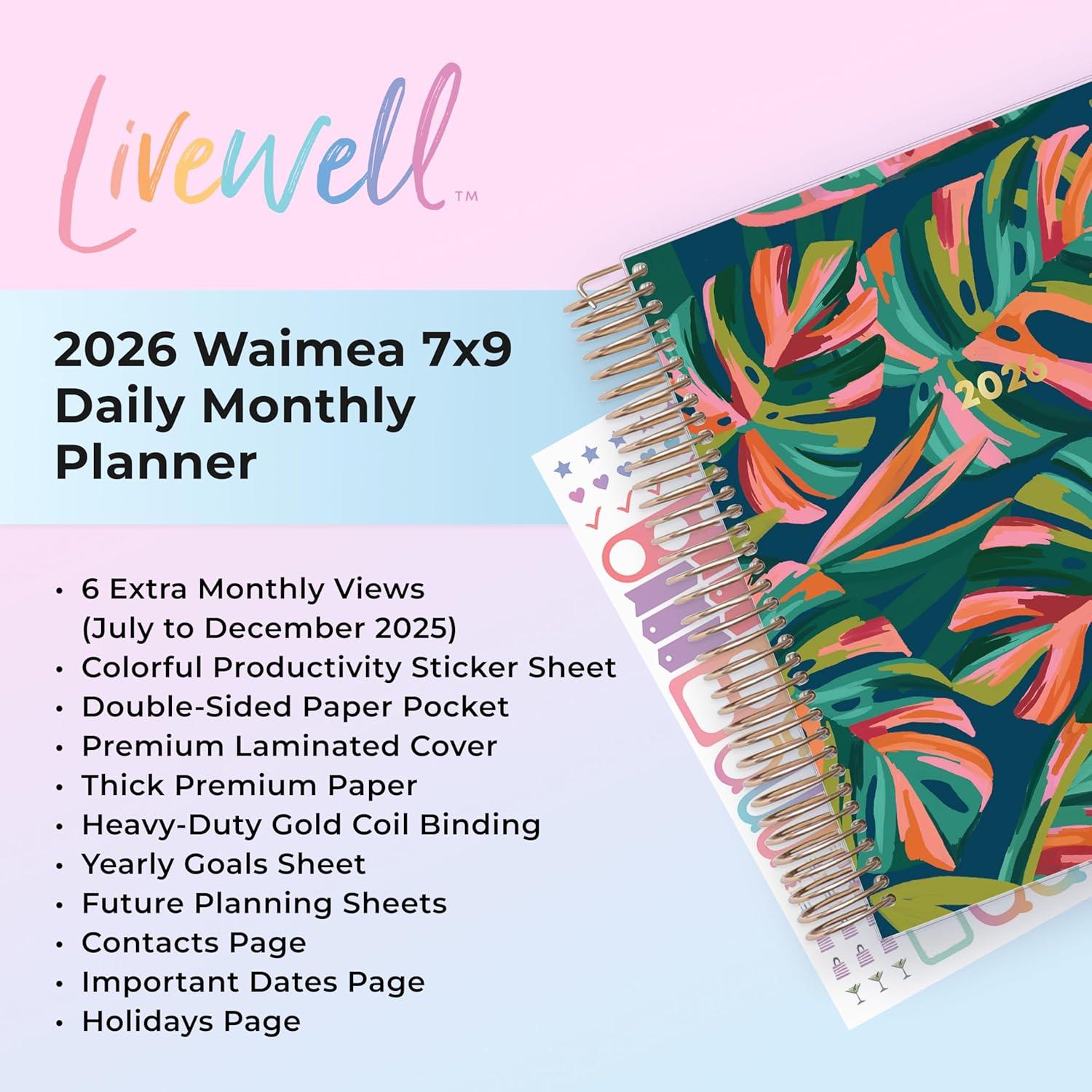 imageBlue Sky Livewell 2026 Daily and Monthly Planner Calendar January 2026 December 2026 7quot x 9quot Flexible Laminated Cover Heavy Duty Coil Binding Colorful Premium Paper Includes Storage Pocket Stickers WaimeaWaimea 2026