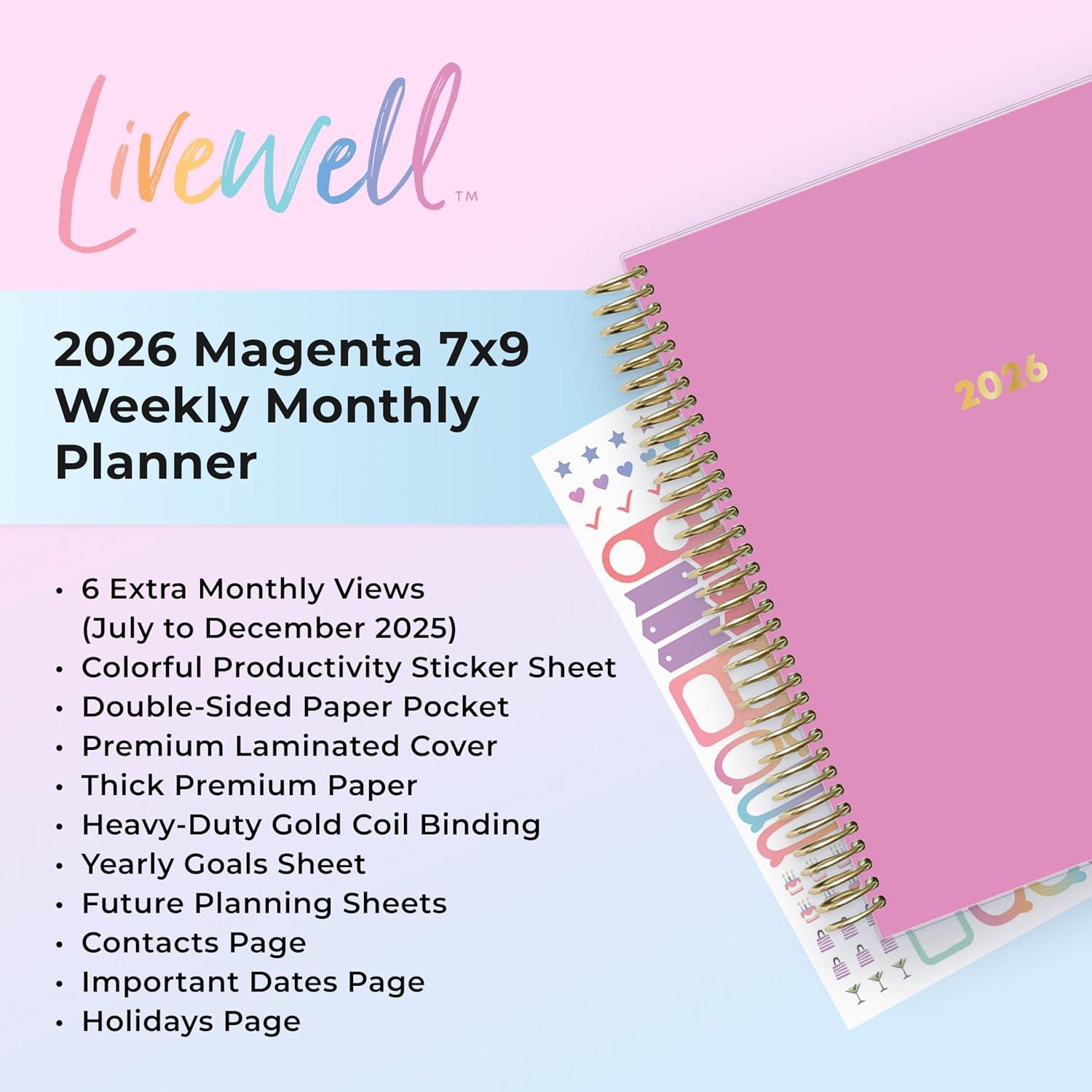 imageBlue Sky Livewell 2026 Weekly and Monthly Planner Calendar January 2026 December 2026 7quot x 9quot Flexible Laminated Cover Heavy Duty Coil Binding Colorful Premium Paper Includes Storage Pocket Stickers CharmieMagenta 2026