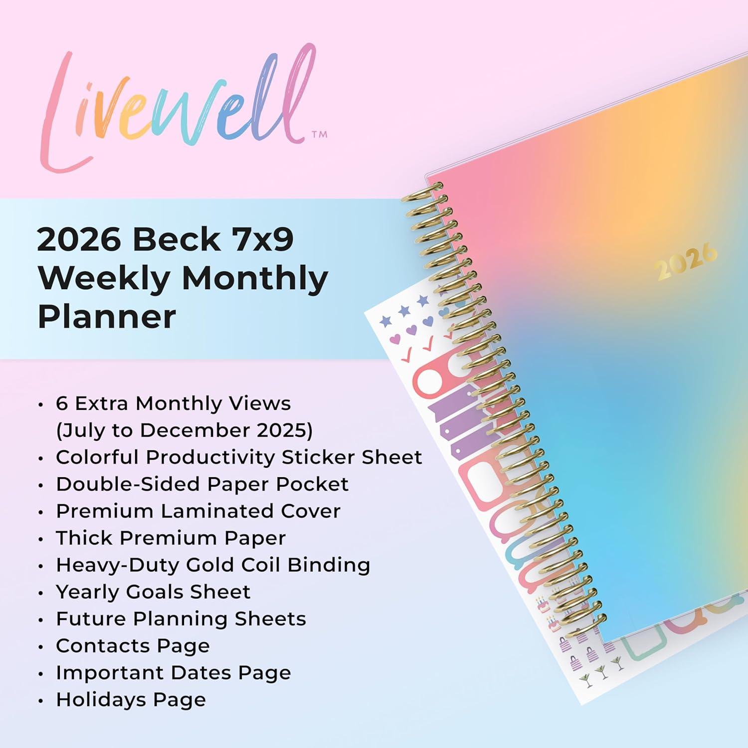 imageBlue Sky Livewell 2026 Weekly and Monthly Planner Calendar January 2026 December 2026 7quot x 9quot Flexible Laminated Cover Heavy Duty Coil Binding Colorful Premium Paper Includes Storage Pocket Stickers CharmieBeck 2026