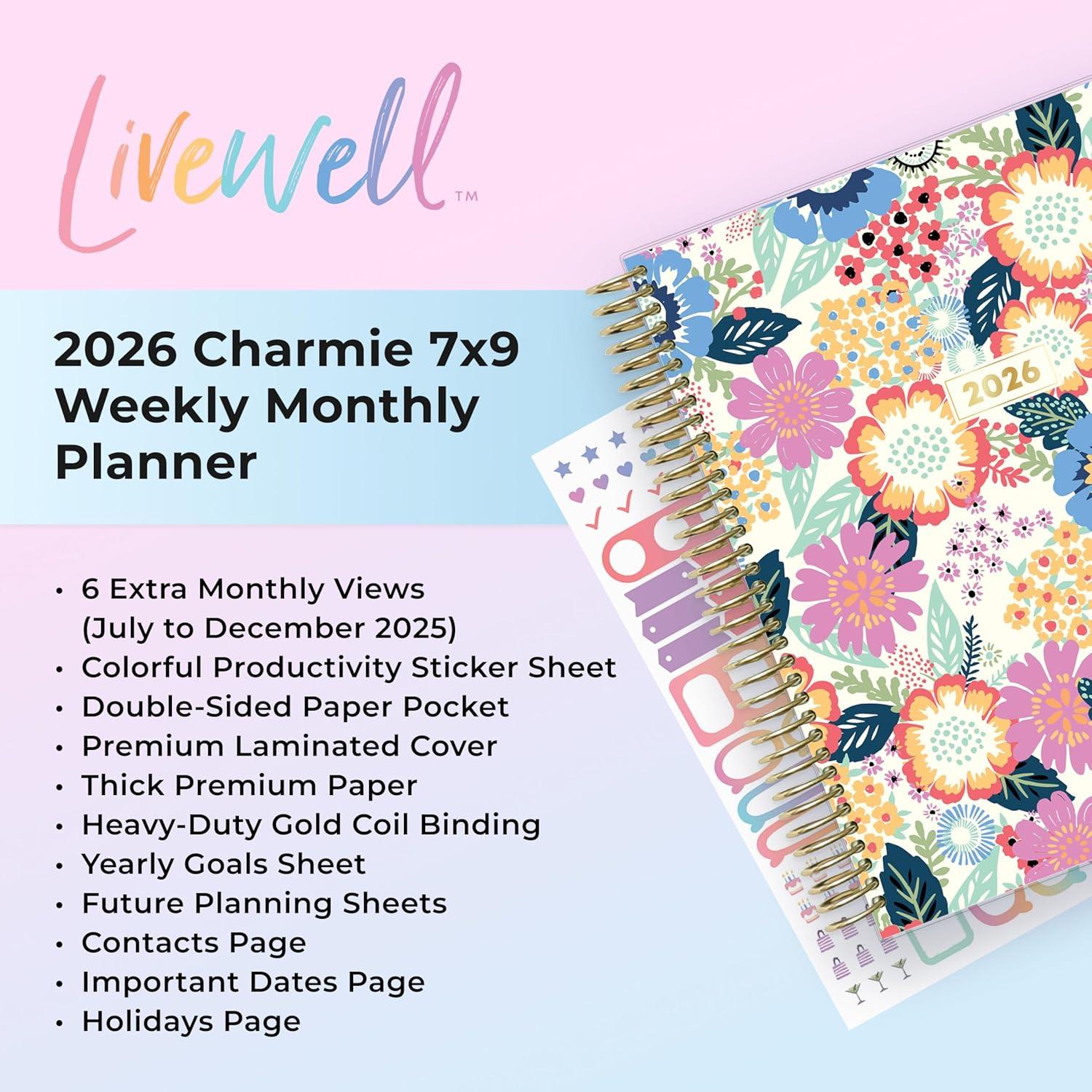 imageBlue Sky Livewell 2026 Weekly and Monthly Planner Calendar January 2026 December 2026 7quot x 9quot Flexible Laminated Cover Heavy Duty Coil Binding Colorful Premium Paper Includes Storage Pocket Stickers CharmieCharmie 2026