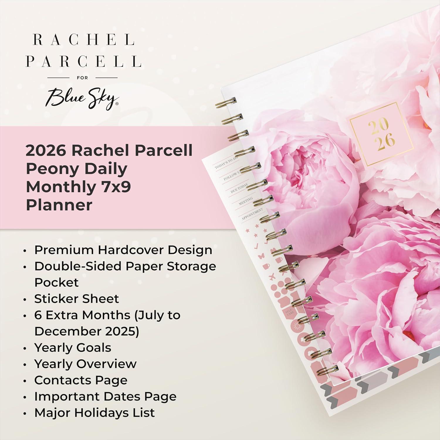 imageBlue Sky Rachel Parcell 2026 Daily and Monthly Planner Calendar January 2026 December 2026 7quot x 9quot Hard Cover Durable Twin Wire Binding Laminated Tabs Storage Pocket Stickers PeonyPeony 2026