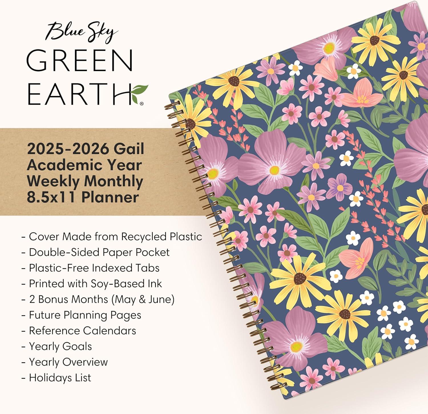 imageBlue Sky Sustainability 20252026 Weekly and Monthly Academic Year Planner Calendar July 2025 June 2026 85quot x 11quot Flexible Cover From Recycled Plastic Wirebound Plastic Free Tabs Storage Pocket GailGail 20252026
