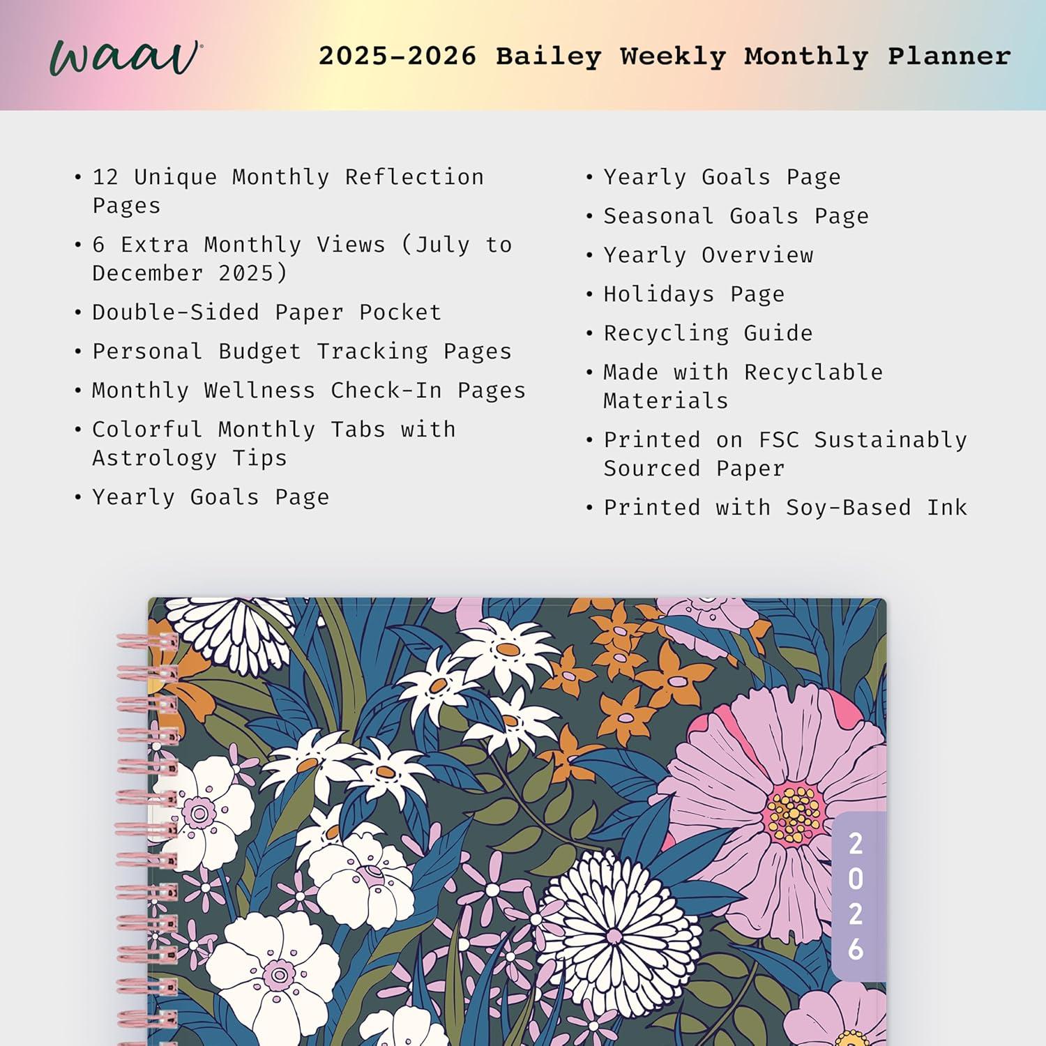 imageBlue Sky WAAV 2026 Weekly and Monthly Planner Calendar January 2026 December 2026 7quot x 9quot Flexible Cover Durable Twin Wire Binding Laminated Tabs Storage Pocket BaileyBailey 2026