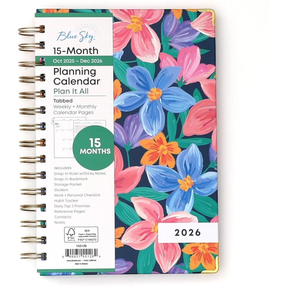 imageBlue Sky 15 Month 2026 Weekly and Monthly Planner Calendar October 2025 December 2026 5quot x 8quot Hard Cover Durable Twin Wire Binding Laminated Tabs Storage Pocket Includes Ruler Sticky Notes ampamp Stickers NerinaNerina 2026