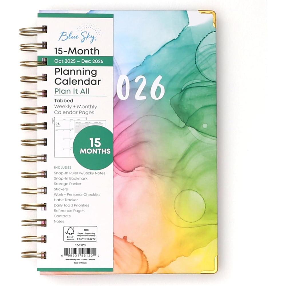 imageBlue Sky 15 Month 2026 Weekly and Monthly Planner Calendar October 2025 December 2026 5quot x 8quot Hard Cover Durable Twin Wire Binding Laminated Tabs Storage Pocket Includes Ruler Sticky Notes ampamp Stickers Rainbow InkRainbow Ink 2026