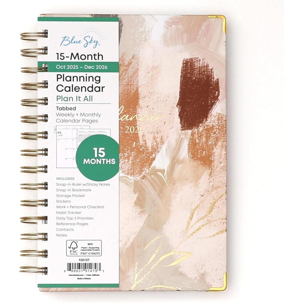 imageBlue Sky 15 Month 2026 Weekly and Monthly Planner Calendar October 2025 December 2026 5quot x 8quot Hard Cover Durable Twin Wire Binding Laminated Tabs Storage Pocket Includes Ruler Sticky Notes ampamp Stickers HenriHenri 2026
