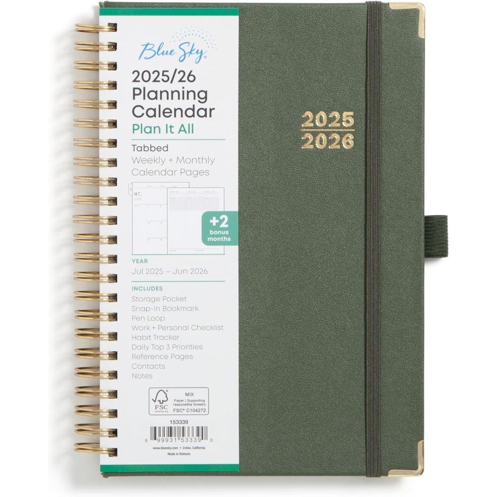 imageBlue Sky 20252026 Weekly and Monthly Academic Year Planner Calendar July 2025 June 2026 5quot x 8quot Faux Leather Cover Wirebound Storage Pocket Laminated Tabs Imperial RoseOlive Green 20252026