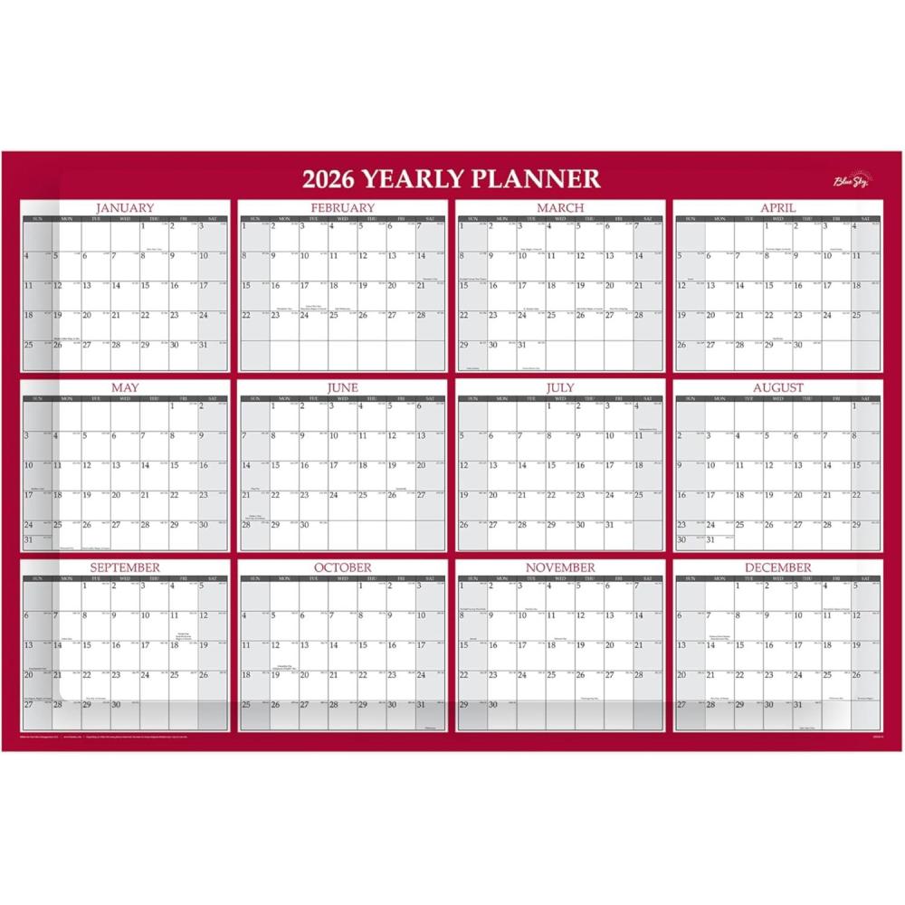 imageBlue Sky 2026 Laminated Erasable Wall Calendar Double Sided With Two Monthly Layouts 48quot x 32quot Perfect For Workplace And Classrooms With Pen Classic RedClassic Red 2026