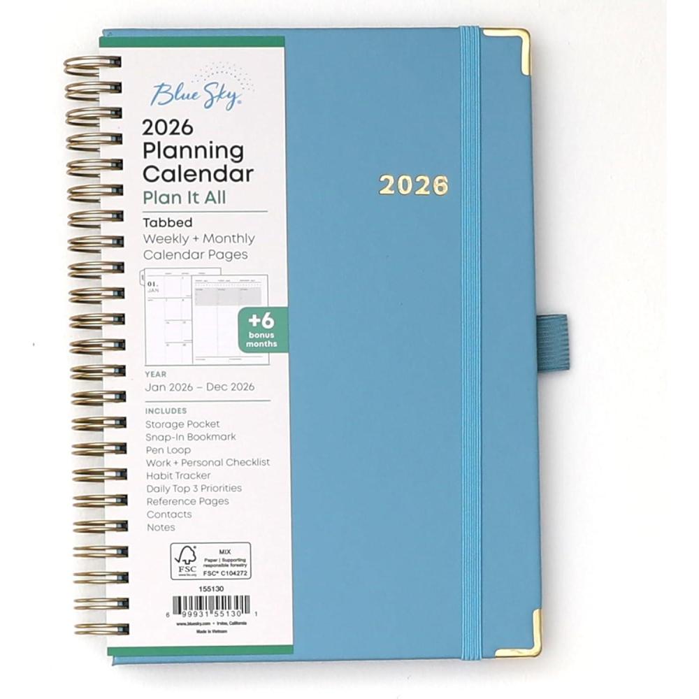 imageBlue Sky 2026 Weekly and Monthly Planner Calendar January 2026 December 2026 5quot x 8quot Faux Leather Cover Durable Twin Wire Binding Storage Pocket Laminated Tabs Includes Pen Loop Bungee Ruler BlackBlue Haze 2026