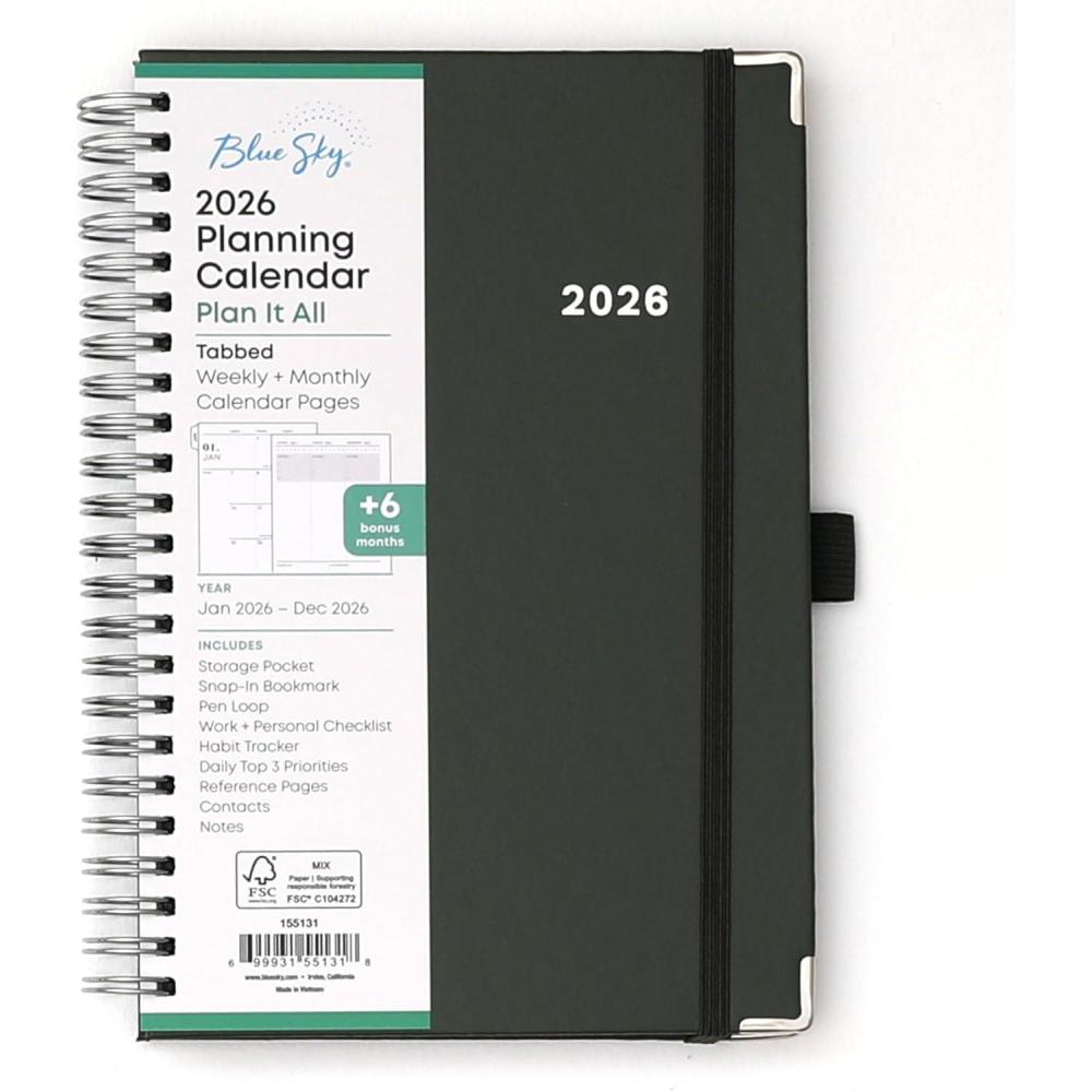 imageBlue Sky 2026 Weekly and Monthly Planner Calendar January 2026 December 2026 5quot x 8quot Faux Leather Cover Durable Twin Wire Binding Storage Pocket Laminated Tabs Includes Pen Loop Bungee Ruler BlackSlate Gray 2026