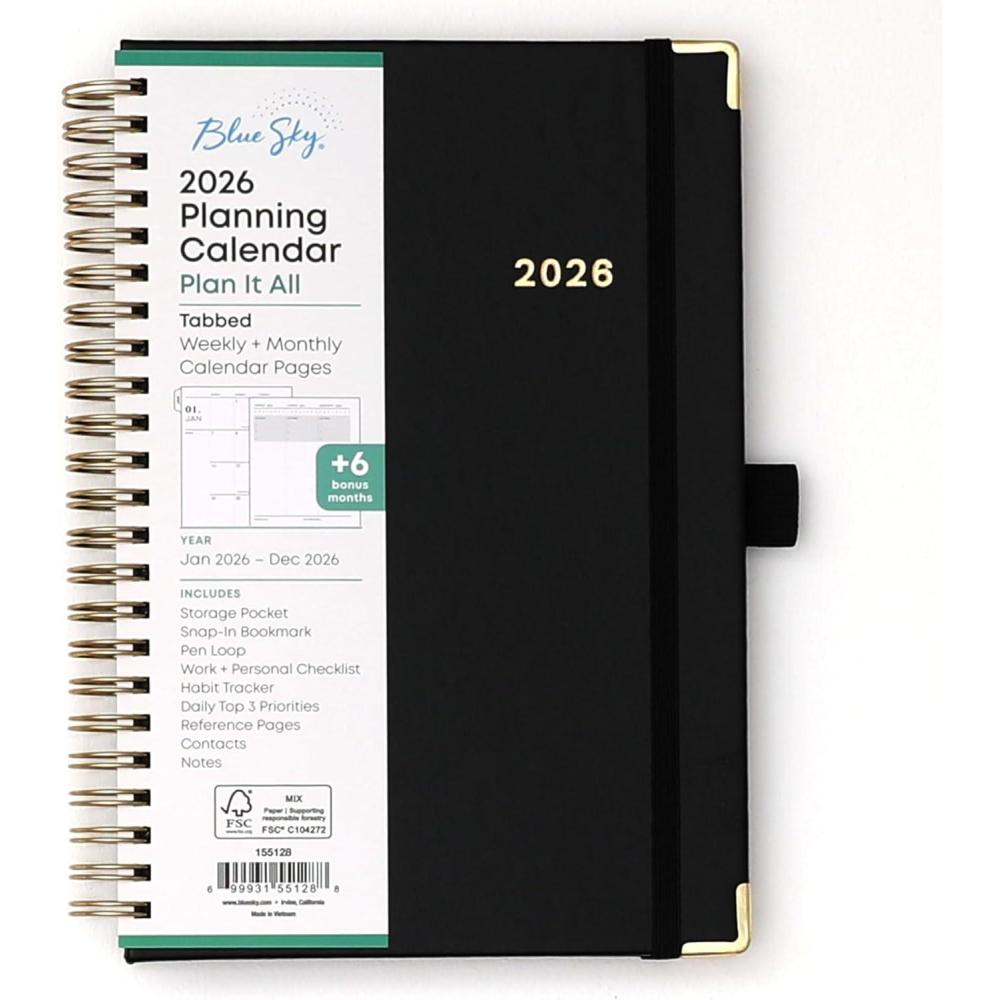 imageBlue Sky 2026 Weekly and Monthly Planner Calendar January 2026 December 2026 5quot x 8quot Faux Leather Cover Durable Twin Wire Binding Storage Pocket Laminated Tabs Includes Pen Loop Bungee Ruler BlackBlack 2026