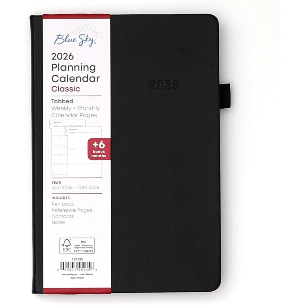 imageBlue Sky 2026 Weekly and Monthly Planner Calendar January 2026 December 2026 5quot x 8quot Faux Leather Hard Cover Bookbound Tabs Pen Loop French NavyBlack 2026