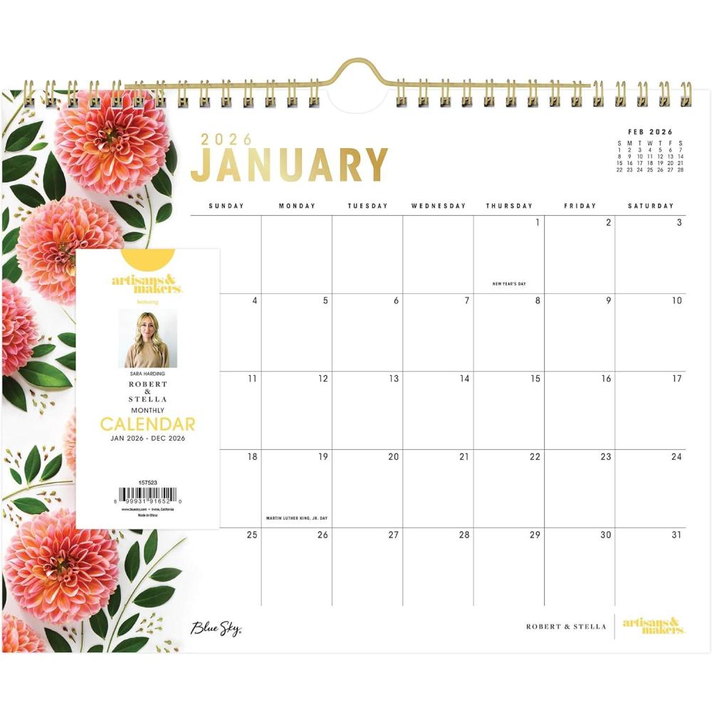 imageBlue Sky Artisans ampamp Makers Sara Harding 2026 Wall Calendar January 2026 December 2026 11quot x 875quot Durable Twin Wire Binding Perfect For Home Office And Classrooms Bright DahliasBright Dahlias 2026