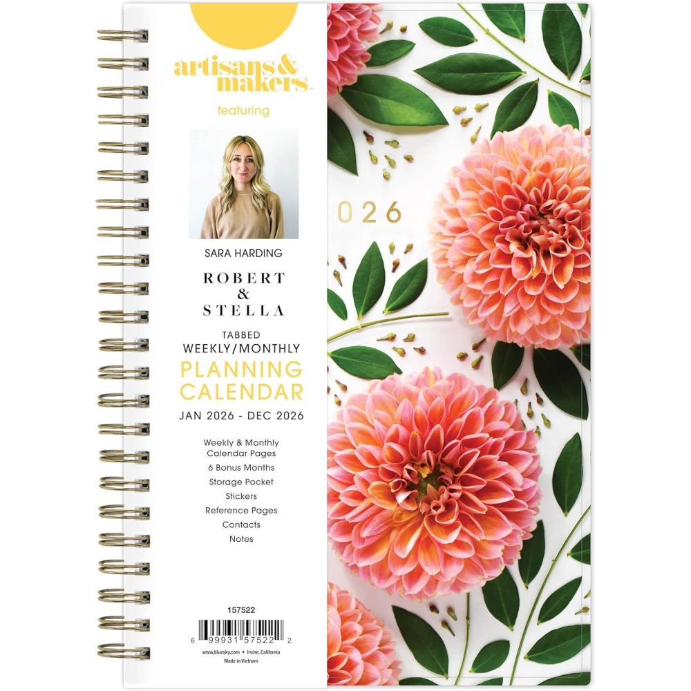 imageBlue Sky Artisans ampamp Makers Sara Harding 2026 Weekly and Monthly Planner January 2026 December 2026 5quot x 8quot Flexible Cover Durable Wire Binding Laminated Tabs Pocket Stickers Bright DahliasBright Dahlias 2026