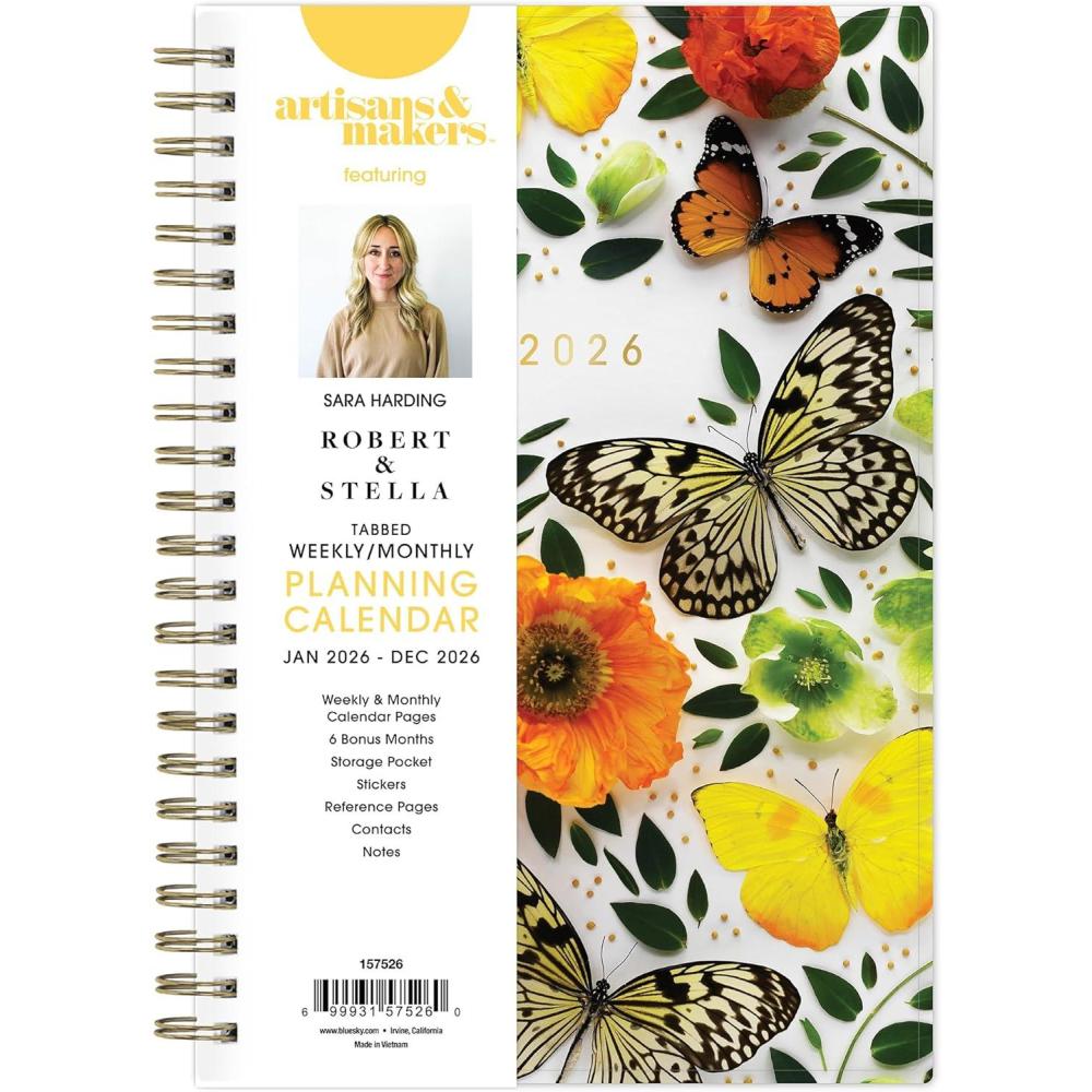 imageBlue Sky Artisans ampamp Makers Sara Harding 2026 Weekly and Monthly Planner January 2026 December 2026 5quot x 8quot Flexible Cover Durable Wire Binding Laminated Tabs Pocket Stickers ButterfliesButterflies 2026