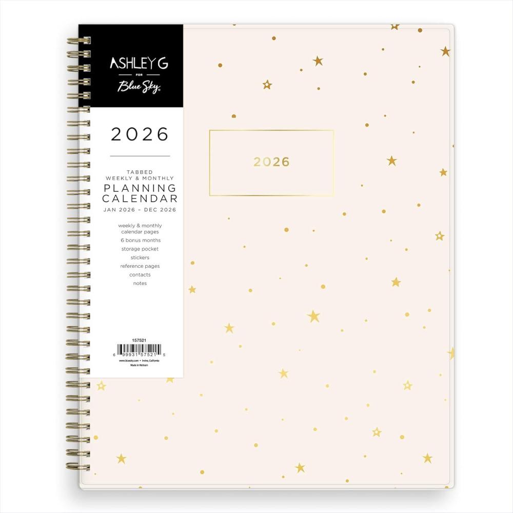 imageBlue Sky Ashley G 2026 Weekly and Monthly Planner Calendar January 2026 December 2026 85quot x 11quot Flexible Cover Durable Twin Wire Binding Laminated Tabs Pocket ampamp Stickers Shooting Stars CreamShooting Stars Cream 2026