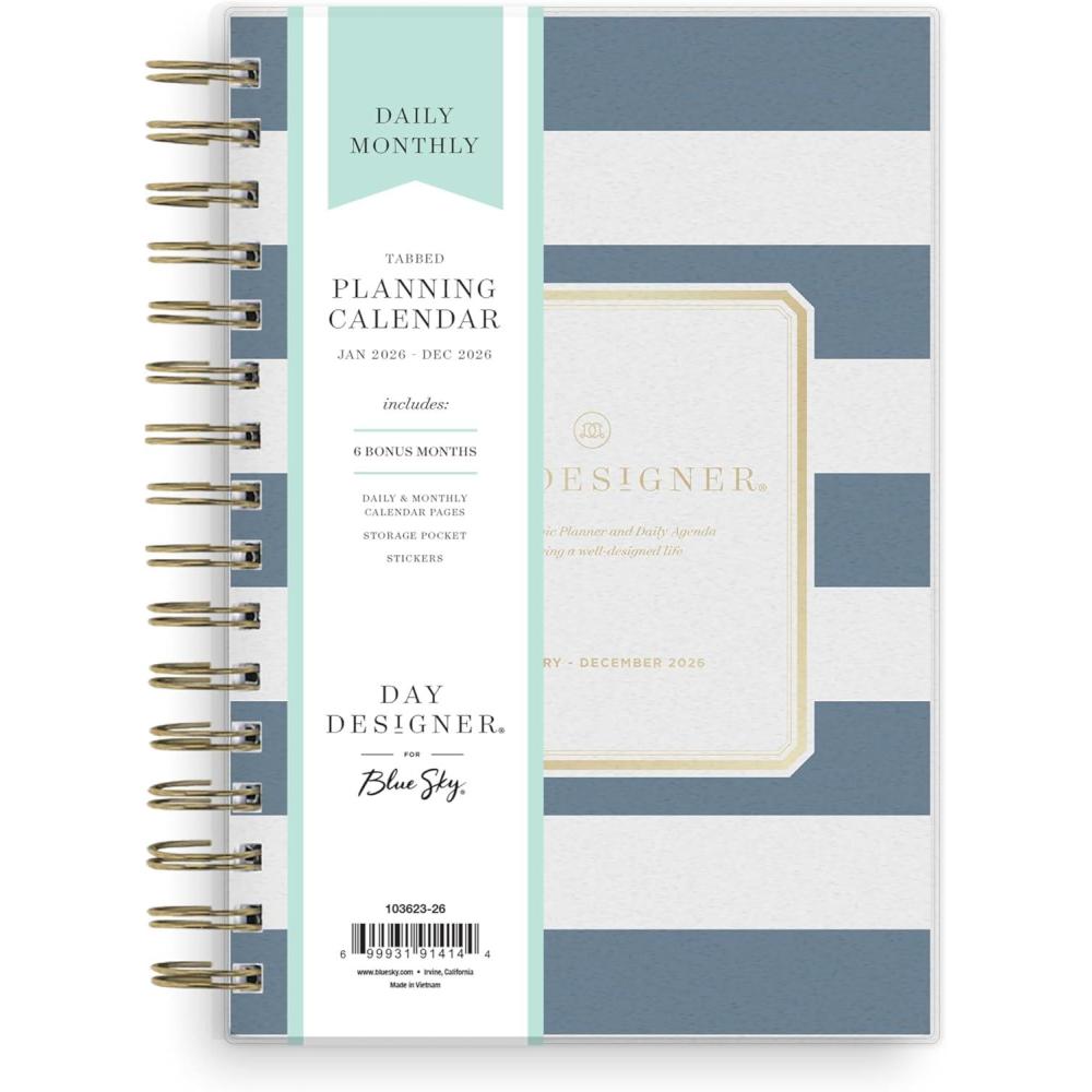 imageBlue Sky Day Designer 2026 Daily and Monthly Planner Calendar January 2026 December 2026 8quot x 10quot Flexible Cover Laminated Tabs Includes Storage Pocket Stickers Rugby Stripe NavyRugby Stripe Navy 2026