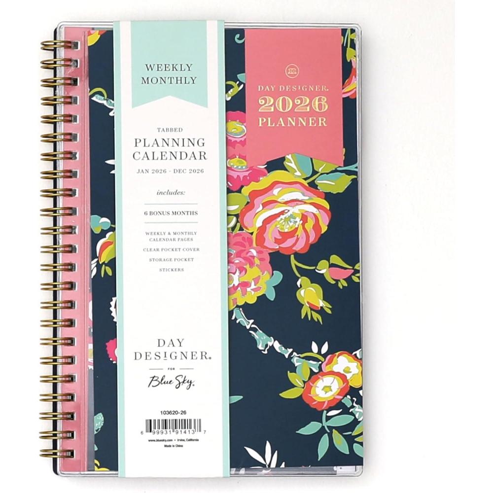 imageBlue Sky Day Designer 2026 Weekly and Monthly Planner Calendar January 2026 December 2026 5quot x 8quot Clear Pocket Cover Durable Twin Wire Binding Includes Storage Pocket Stickers Peyton NavyPeyton Navy 2026