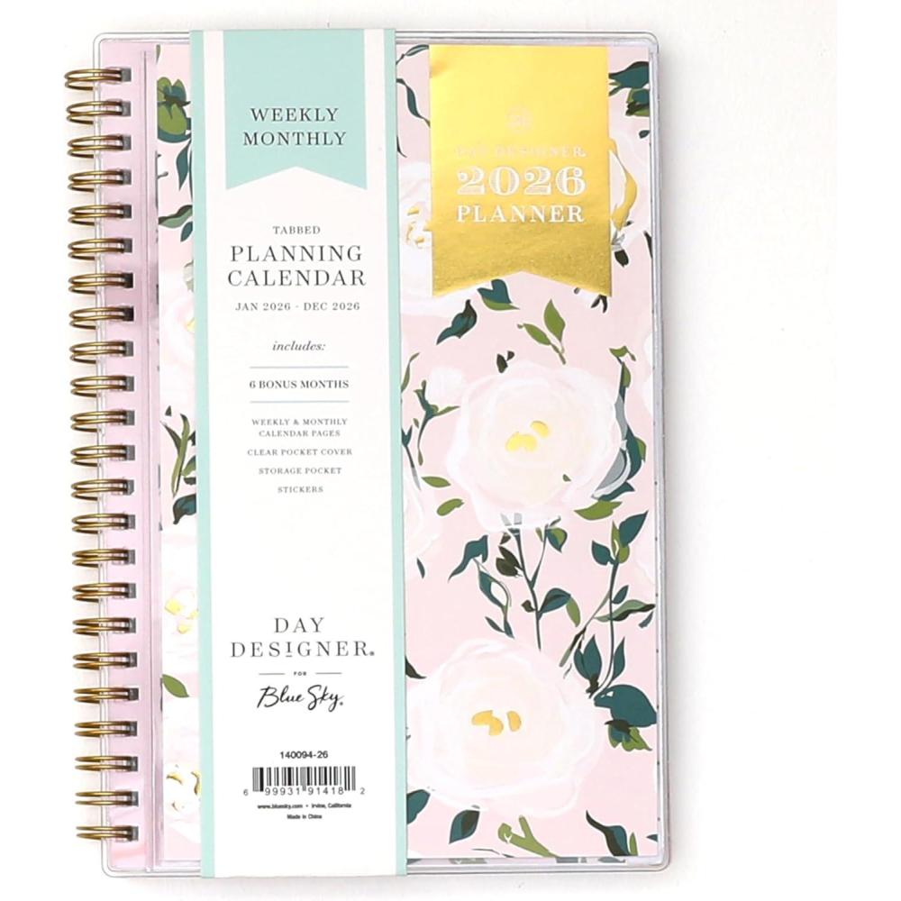 imageBlue Sky Day Designer 2026 Weekly and Monthly Planner Calendar January 2026 December 2026 5quot x 8quot Clear Pocket Cover Durable Twin Wire Binding Includes Storage Pocket Stickers Coming Up RosesComing Up Roses 2026