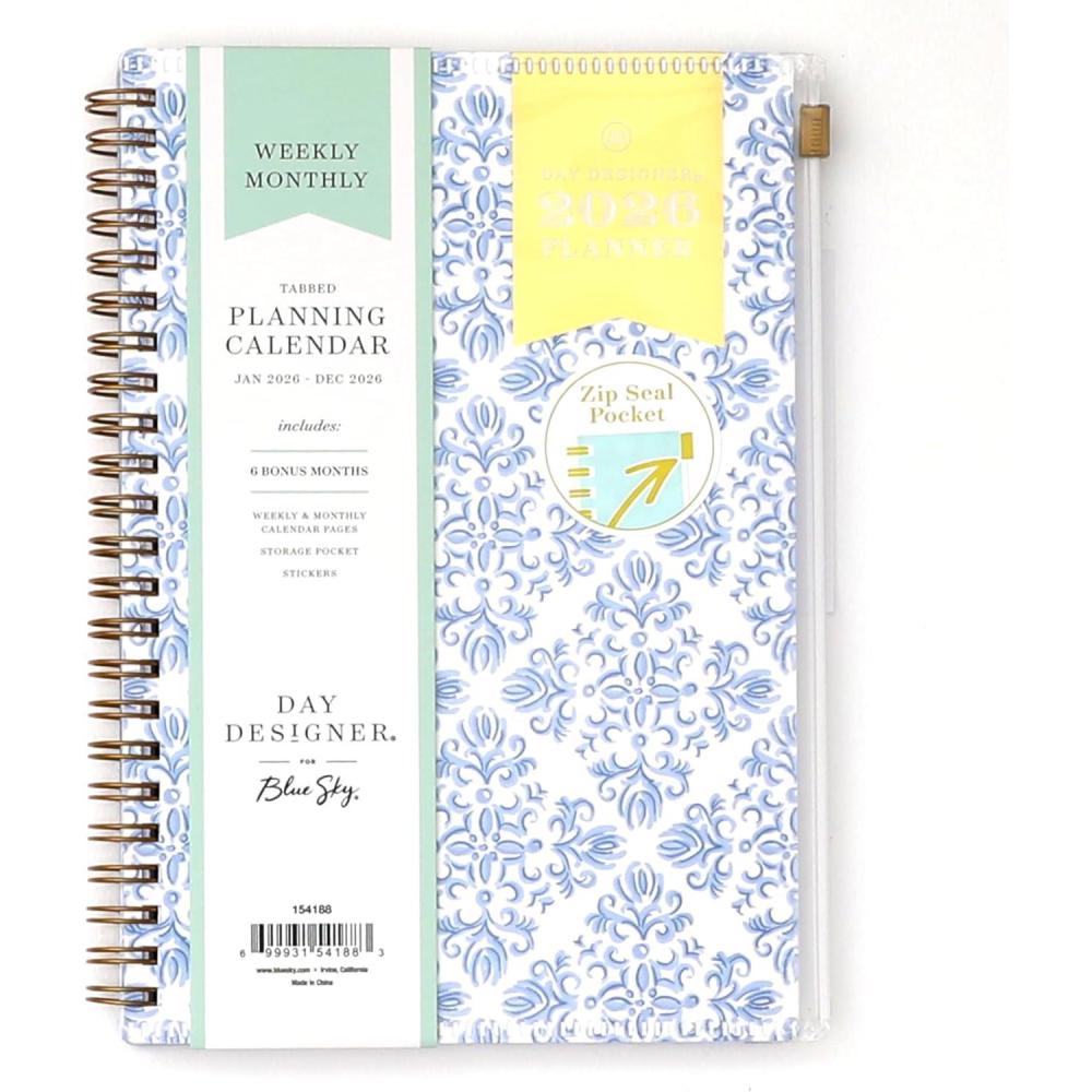imageBlue Sky Day Designer 2026 Weekly and Monthly Planner Calendar January 2026 December 2026 5quot x 8quot Flexible Cover With Zip Pouch Durable Twin Wire Binding Storage Pocket Includes Stickers Serenity Tile BlueSerenity Tile Blue 2026