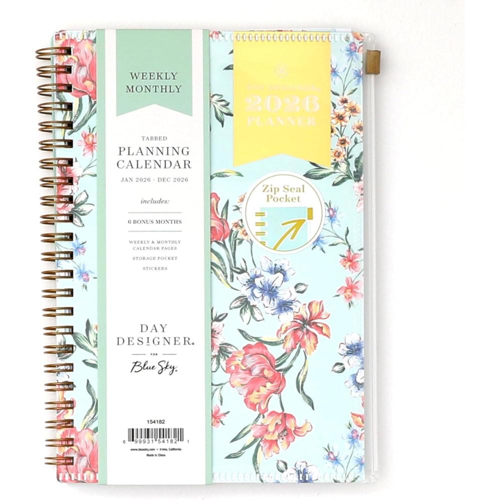 imageBlue Sky Day Designer 2026 Weekly and Monthly Planner Calendar January 2026 December 2026 85quot x 11quot Flexible Cover With Zip Pouch Durable Twin Wire Binding Storage Pocket Includes Stickers Tulip Garden MintTulip Garden Mint 2026