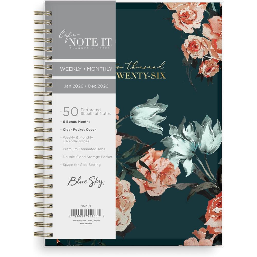 imageBlue Sky Life Note It 2026 Weekly and Monthly Planner Notes January 2026 December 2026 5875quot x 8625quot Clear Pocket Cover Durable Twin Wire Binding Storage Pocket 50 Perforated Notes Sheets Dania DarkDania Dark 2026