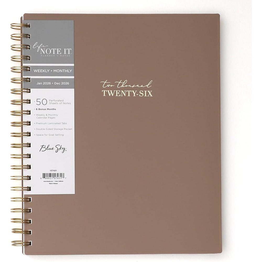 imageBlue Sky Life Note It 2026 Weekly and Monthly Planner Notes January 2026 December 2026 85quot x 11quot Flexible Cover Durable Twin Wire Binding Storage Pocket 50 Perforated Notes Sheets LeahSolid Latte 2026