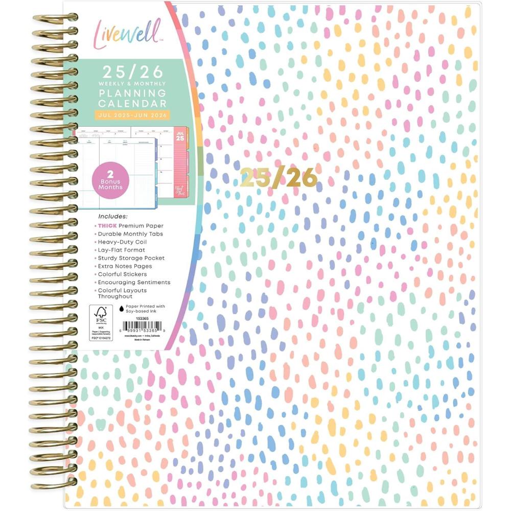 imageBlue Sky Livewell 20252026 Weekly and Monthly Academic Year Planner Calendar July 2025 June 2026 7quot x 9quot Flexible Cover Wirebound Laminated Tabs Storage Pocket Includes Stickers RainbowRainbow 20252026