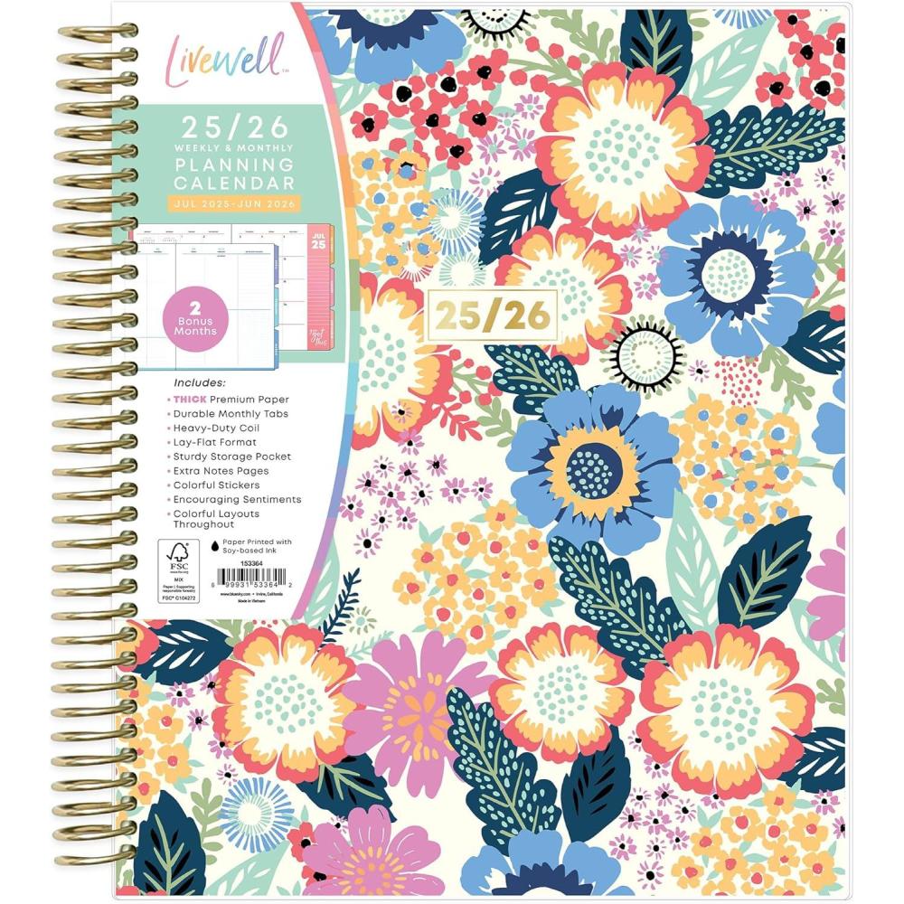 imageBlue Sky Livewell 20252026 Weekly and Monthly Academic Year Planner Calendar July 2025 June 2026 7quot x 9quot Flexible Cover Wirebound Laminated Tabs Storage Pocket Includes Stickers RainbowCharmie 20252026
