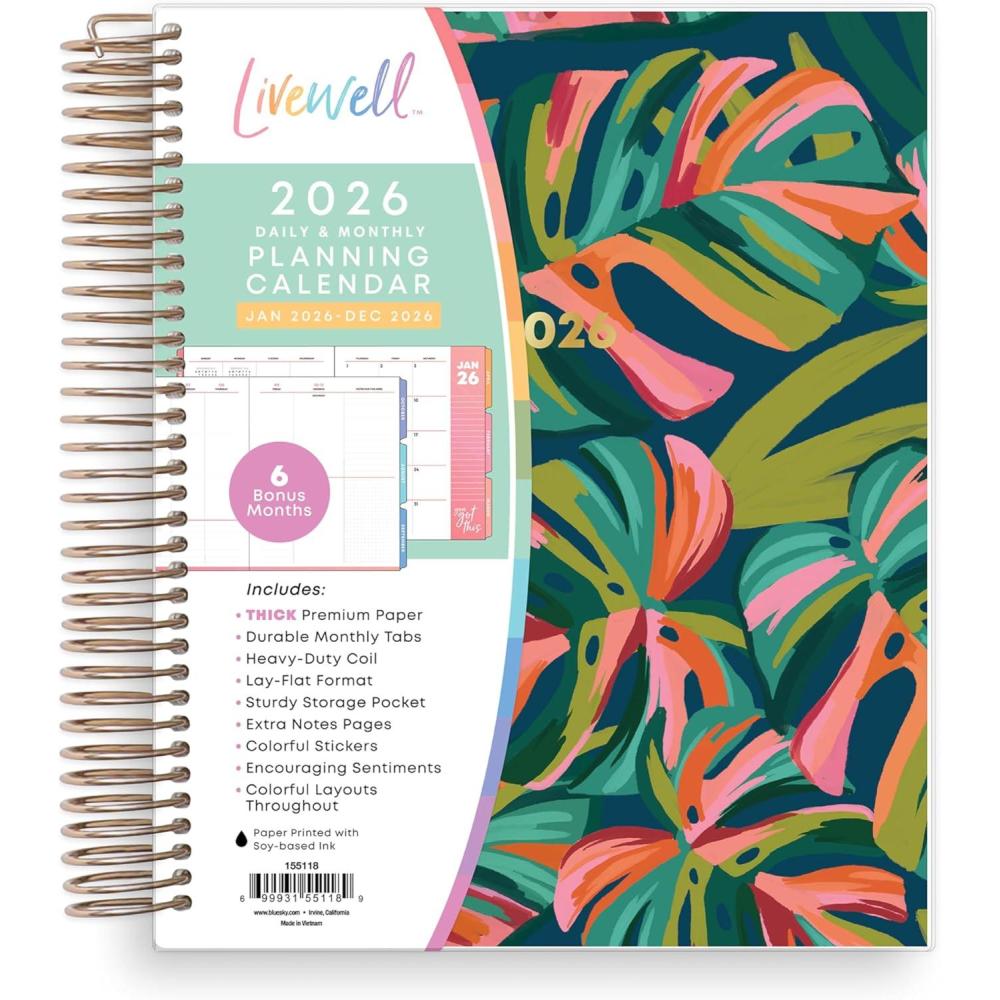 imageBlue Sky Livewell 2026 Daily and Monthly Planner Calendar January 2026 December 2026 7quot x 9quot Flexible Laminated Cover Heavy Duty Coil Binding Colorful Premium Paper Includes Storage Pocket Stickers NavyWaimea 2026