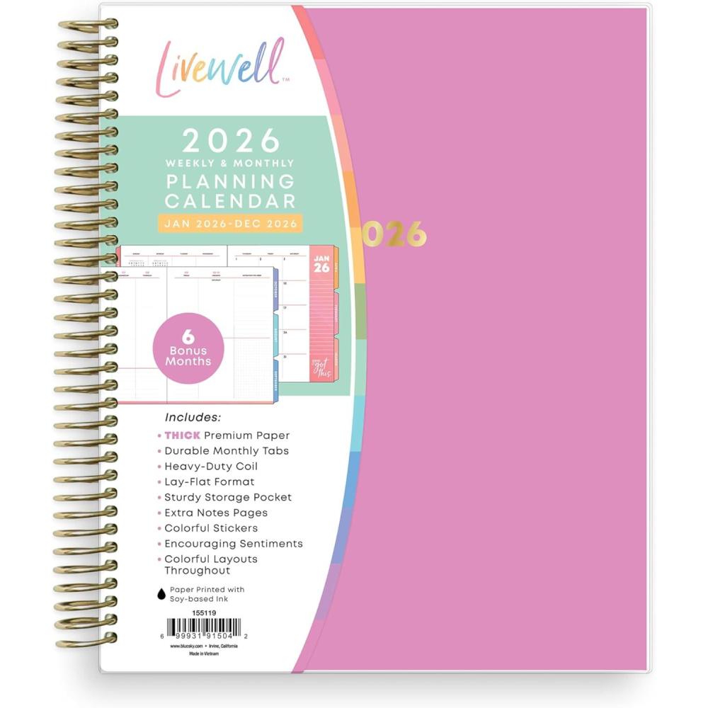 imageBlue Sky Livewell 2026 Weekly and Monthly Planner Calendar January 2026 December 2026 7quot x 9quot Flexible Laminated Cover Heavy Duty Coil Binding Colorful Premium Paper Includes Storage Pocket Stickers MagentaMagenta 2026
