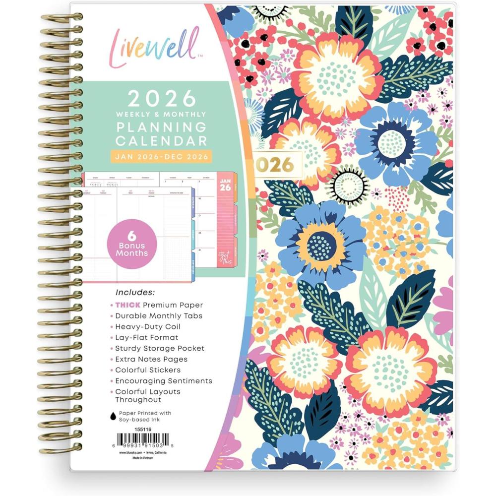 imageBlue Sky Livewell 2026 Weekly and Monthly Planner Calendar January 2026 December 2026 7quot x 9quot Flexible Laminated Cover Heavy Duty Coil Binding Colorful Premium Paper Includes Storage Pocket Stickers CharmieCharmie 2026