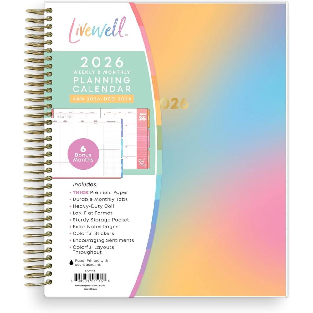 imageBlue Sky Livewell 2026 Weekly and Monthly Planner Calendar January 2026 December 2026 7quot x 9quot Flexible Laminated Cover Heavy Duty Coil Binding Colorful Premium Paper Includes Storage Pocket Stickers CharmieBeck 2026