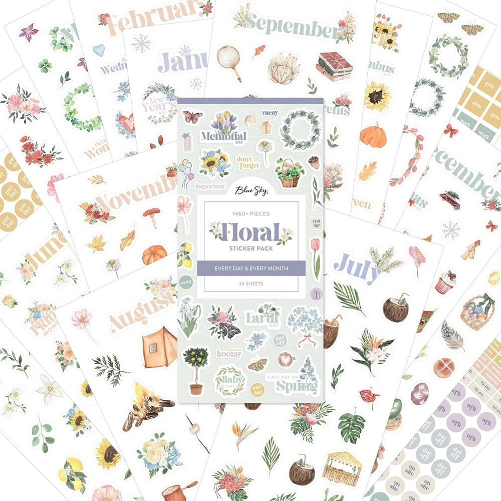 imageBlue Sky Sticker Book Everyday and Monthly Planner Stickers NonDated Glued with Bungee 1460 Stickers for Journals and Calendars Floral 45quot x 9quotFloral