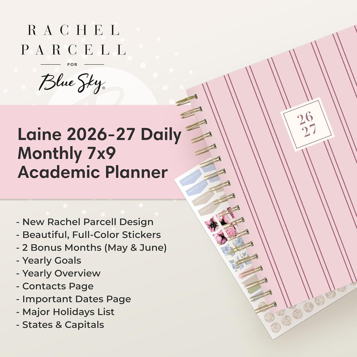 imageBlue Sky Rachel Parcell 20262027 Daily and Monthly Academic Year Planner Calendar July 2026 June 2027 7 x 9 Laminated Cover Wirebound Laminated Tabs Storage Pocket Includes Stickers Laine PinkLaine 20262027