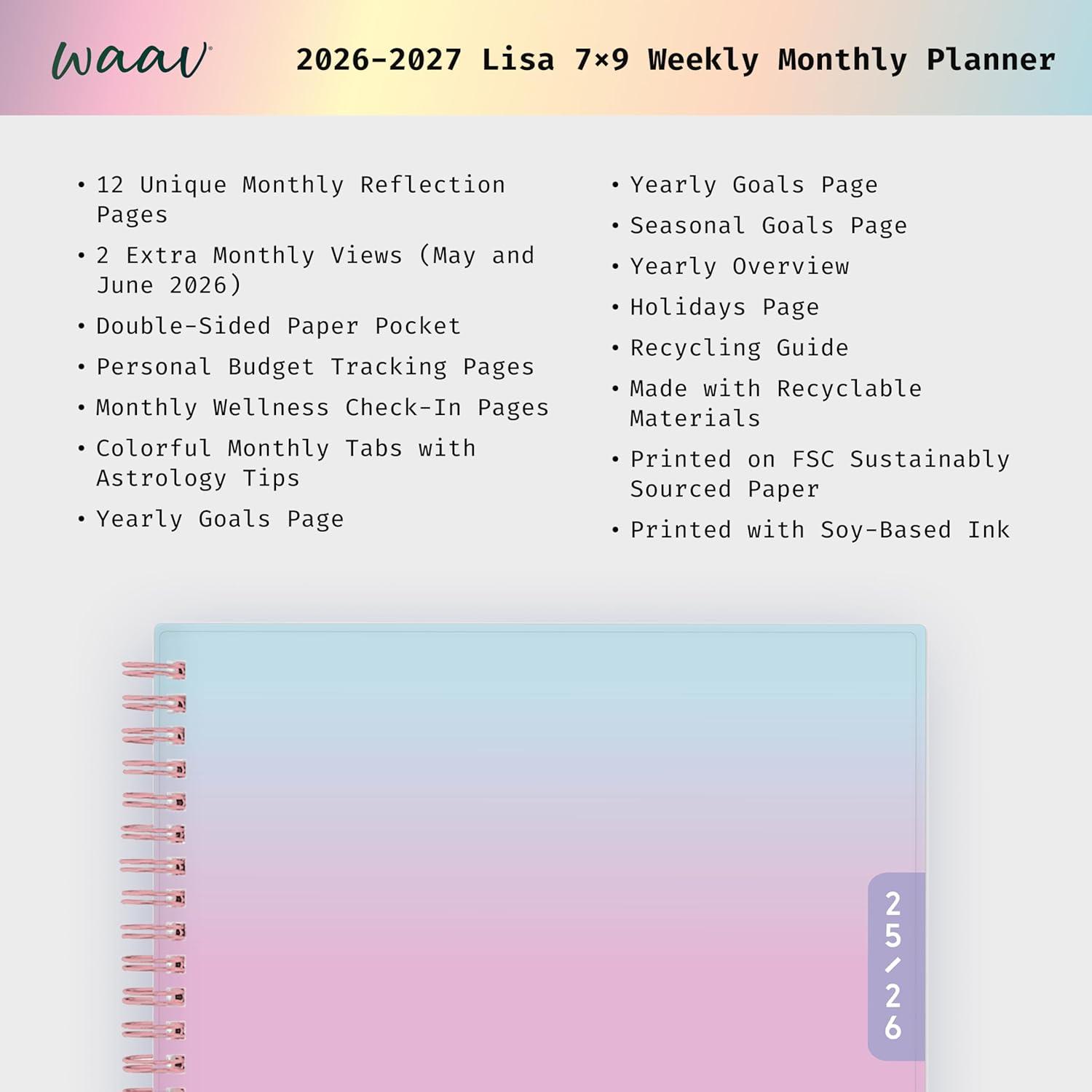 imageBlue Sky WAAV 20262027 Weekly and Monthly Academic Year Planner Calendar July 2026 June 2027 7 x 9 Flexible Cover Wirebound Laminated Tabs Storage Pocket JunnyLisa 20262027