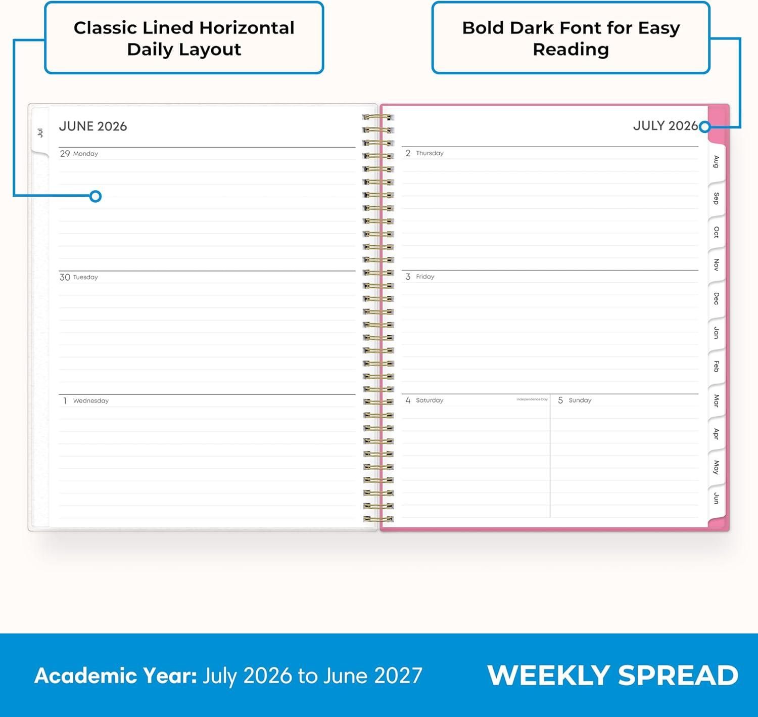 imageBlue Sky 20262027 Weekly and Monthly Academic Year Planner Calendar July 2026 June 2027 5 x 8 Flexible Cover Wirebound Laminated Tabs Roosevelt PinkRoosevelt Pink 20262027