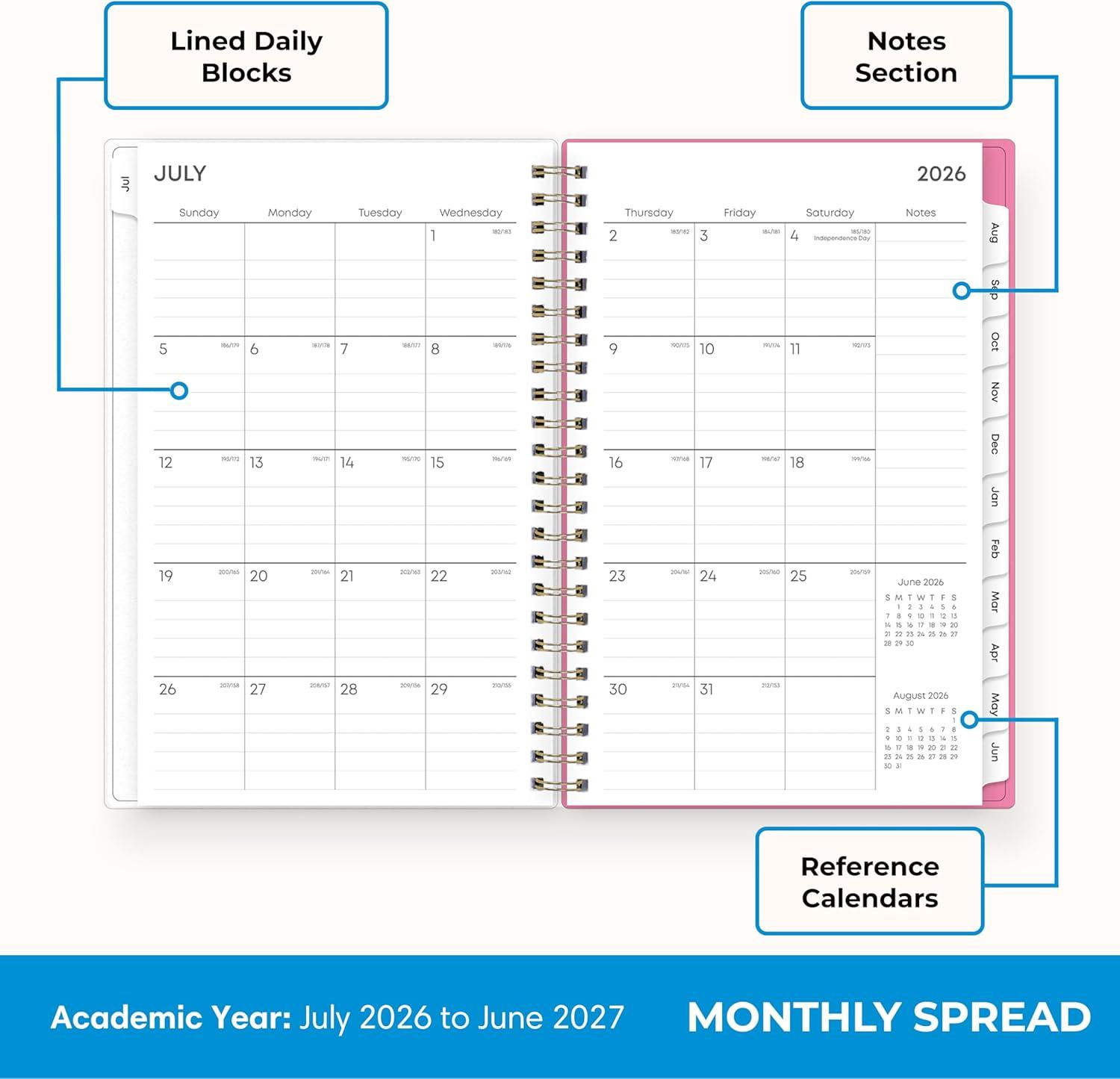 imageBlue Sky 20262027 Weekly and Monthly Academic Year Planner Calendar July 2026 June 2027 5 x 8 Flexible Cover Wirebound Laminated Tabs Roosevelt PinkRoosevelt Pink 20262027