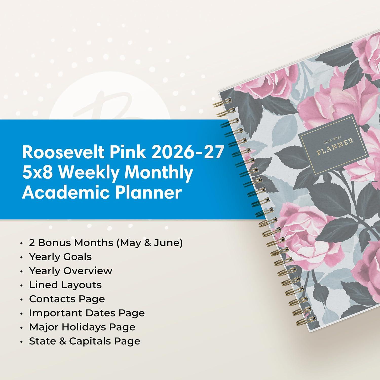 imageBlue Sky 20262027 Weekly and Monthly Academic Year Planner Calendar July 2026 June 2027 5 x 8 Flexible Cover Wirebound Laminated Tabs Roosevelt PinkRoosevelt Pink 20262027