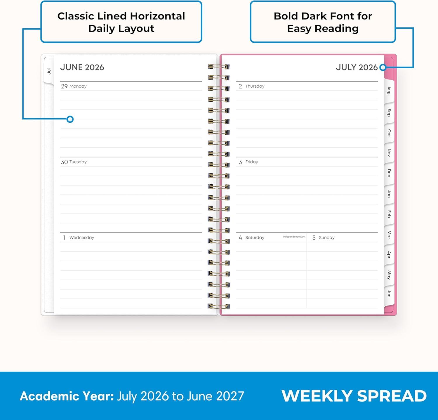imageBlue Sky 20262027 Weekly and Monthly Academic Year Planner Calendar July 2026 June 2027 5 x 8 Flexible Cover Wirebound Laminated Tabs Roosevelt PinkRoosevelt Pink 20262027